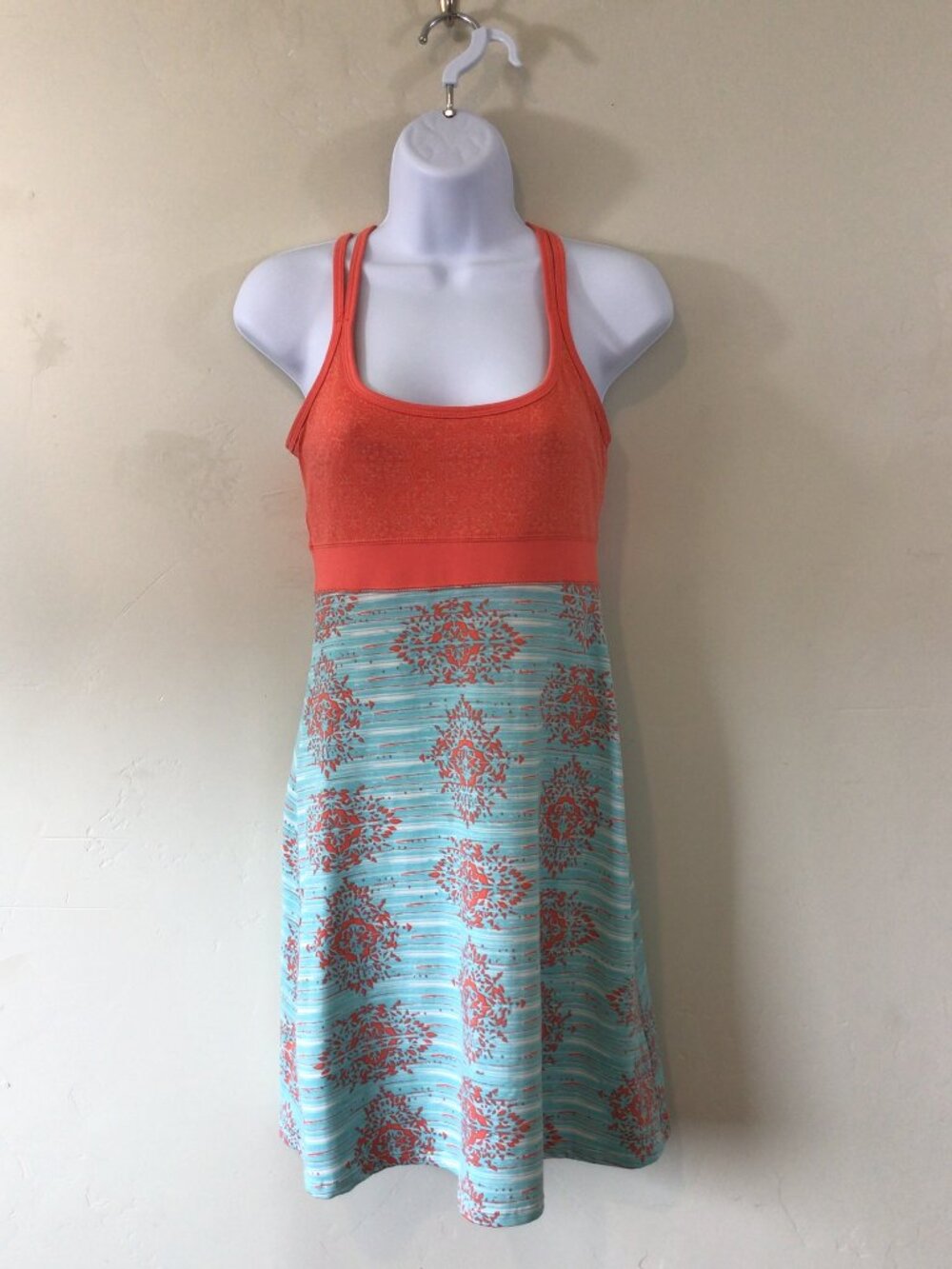 Lola Criss Cross Back Orange and Blue Built in Bra Sundress Dress